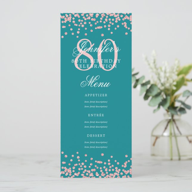 Convites 80 Birthday Menu Rosa Dourado Confetti Turquoise (Em pé/Frente)