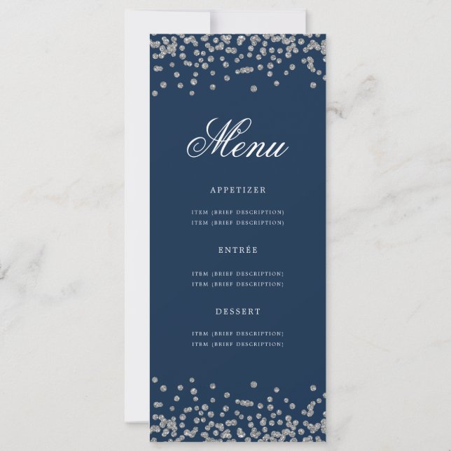 Convites 80 Birthday Menu Silver Confetti Marinho Azul (Verso)