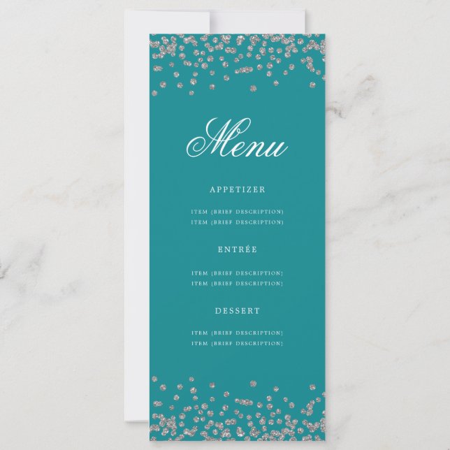 Convites 80 Birthday Menu Silver Confetti Turquoise (Verso)