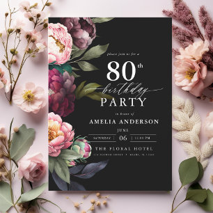 Convites 80 Birthday Modern Moody Burgundy Blush Floral