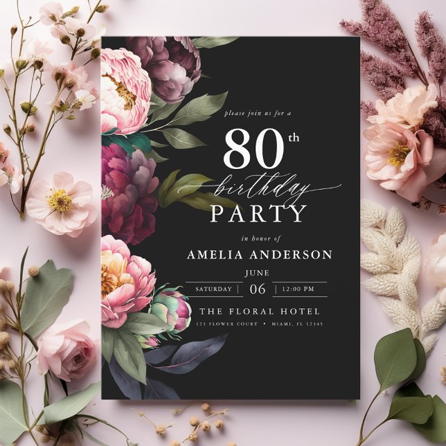 Convites 80 Birthday Modern Moody Burgundy Blush Floral (Criador carregado)