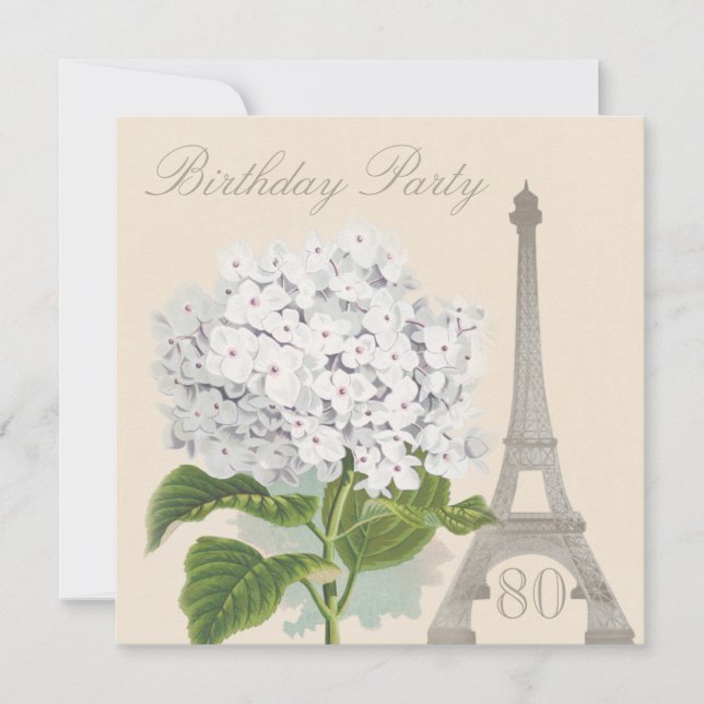 Convites 80 Birthday Paris Vintage White Hydrangea Flower (Frente)