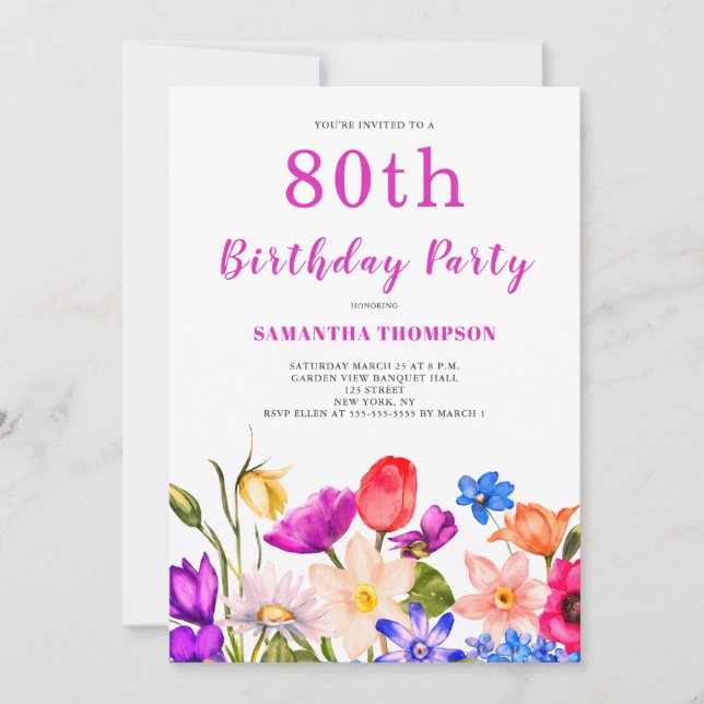 Convites 80 Birthday Pink Floral (Frente)