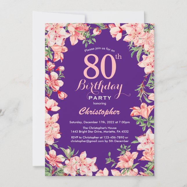 Convites 80 Birthday Pink Floral Flores Roxos Violeta (Frente)