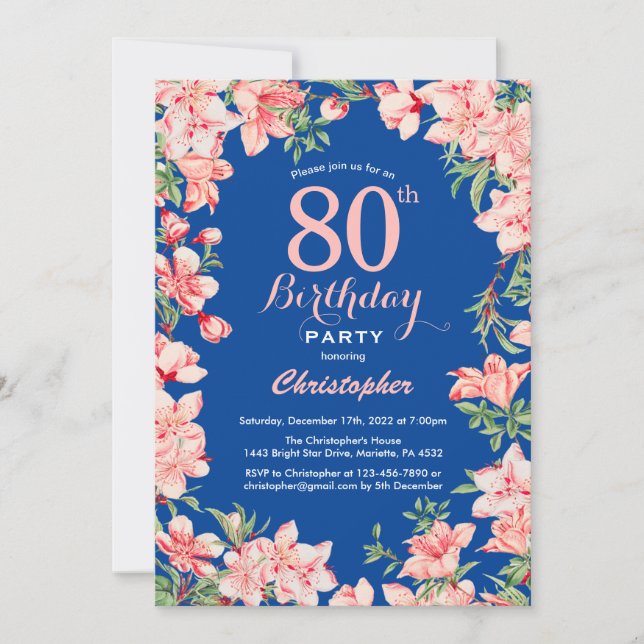 Convites 80 Birthday Pink Floral Flowers Blue (Frente)