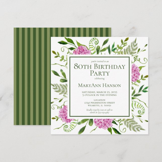Convites 80 Birthday Pink Hydrangeas (Frente/Verso)