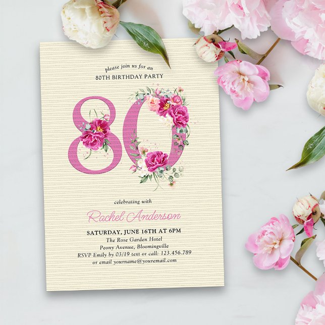 Convites 80 Birthday Pink Peony Floral Número 80 (80th Birthday Invitation with pink floral number 80 - elegant vintage design with roses and peonies)