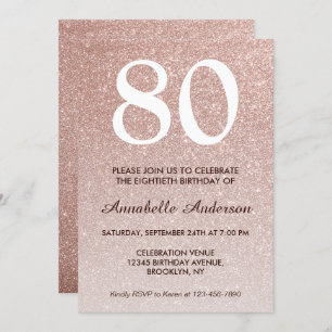 Convites 80 Birthday Pink Rose Dourada Glitter Sparkle Ombr