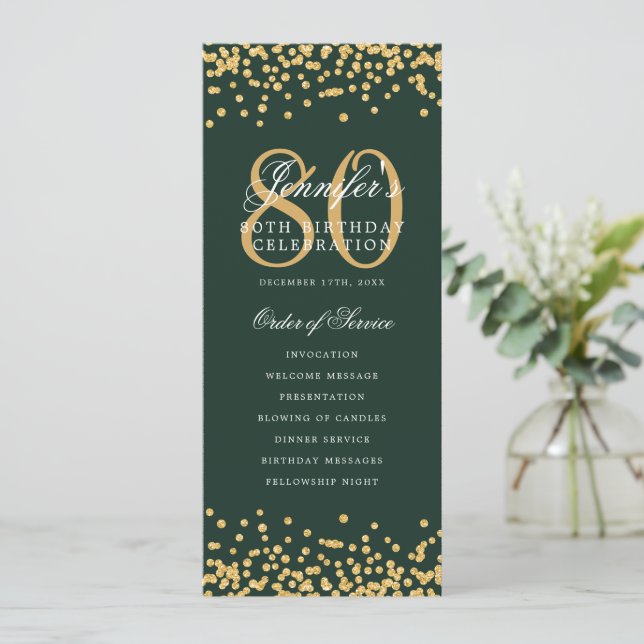 Convites 80 Birthday Programa Dourado Confetti Menu Verde (Em pé/Frente)