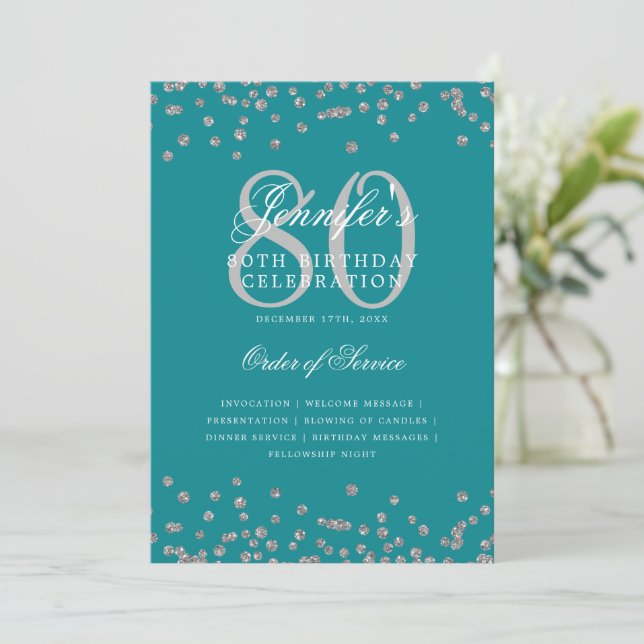 Convites 80 Birthday Programa Menu Silver Turquoise (Em pé/Frente)