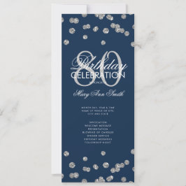 Convites 80 Birthday Programa Silver Marinho Glitter Menu
