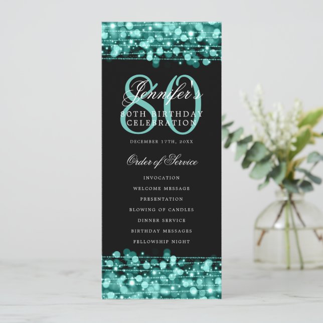 Convites 80 Birthday Programa Turquoise Menu+Obrigado (Em pé/Frente)