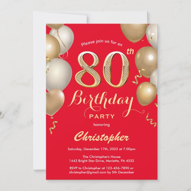 Convites 80 Birthday Red and Dourado Balloons Confetti (Frente)