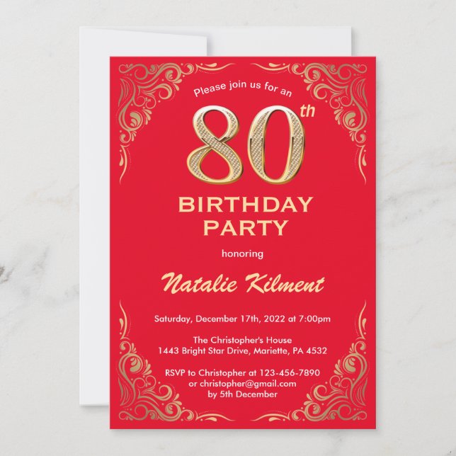 Convites 80 Birthday Red and Dourado Glitter Frame (Frente)