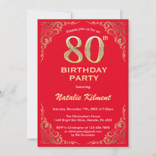 Convites 80 Birthday Red and Dourado Glitter Frame