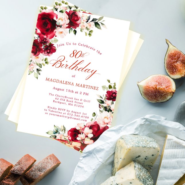 Convites 80 Birthday Rosa vermelha Rosa Peony Floral (Criador carregado)