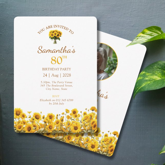 Convites 80 Birthday Rustic Sunflower Photo (80th birthday party invitations with a sunflower design on a grey background.)