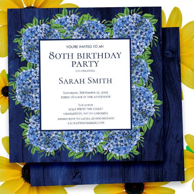 Convites 80 Birthday Rustic Wood Blue Hydrangeas Party (Criador carregado)