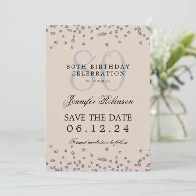 Convites 80 Birthday Silver Save Date Confetti Beige (Em pé/Frente)
