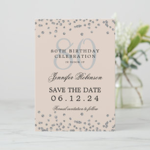 Convites 80 Birthday Silver Save Date Confetti Beige