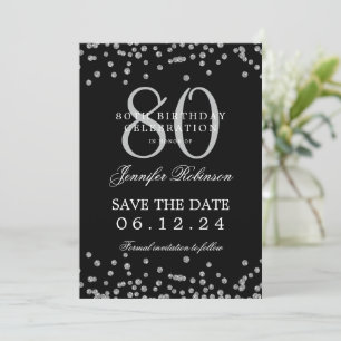 Convites 80 Birthday Silver Save Date Confetti Black