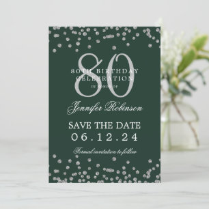 Convites 80 Birthday Silver Save Date Confetti Green