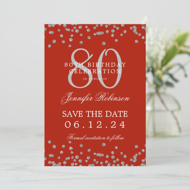 Convites 80 Birthday Silver Save Date Confetti Red (Em pé/Frente)