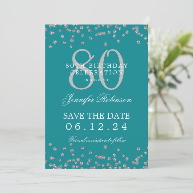 Convites 80 Birthday Silver Save Date Confetti Turquoise (Em pé/Frente)
