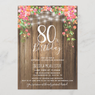 Convites 80 Birthday Surprise Brunch Rustic Floral Wood