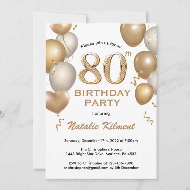 Convites 80 Birthday White e Dourado Balões de Leve (Frente)