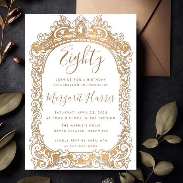 Convites 80 Branco da Borda Dourada Clássica Oitava Anivers (Criador carregado)