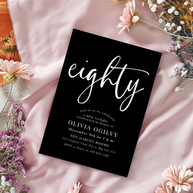 Convites 80 Branco sobre Script Moderno da Festa de anivers (Criador carregado)