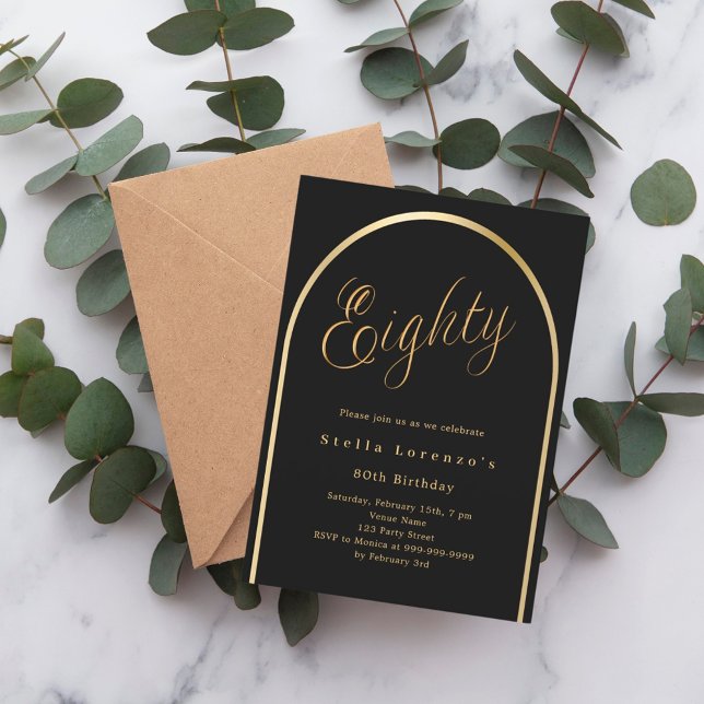 Convites 80 de aniversário arco preto dourado elegante (Criador carregado)