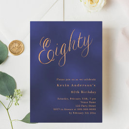 Convites 80 de aniversário de script ouro azul marinho