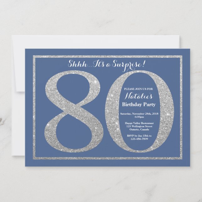 Convites 80 de Aniversário de Surpresa Azul e Silver Glitte (Frente)