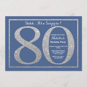 Convites 80 de Aniversário de Surpresa Azul e Silver Glitte