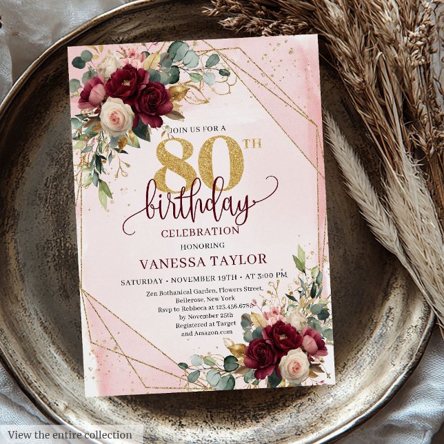Convites 80 de Aniversário do Boho Deep Red Dourado (Minimal Boho Deep Red Gold Flowers 80th Birthday Invitation)