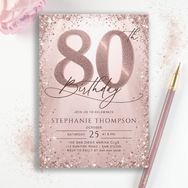 Convites 80 de Aniversário do Glam Calliografia Dourada com (80th birthday invitation for women her glitter sparkle rose gold elegant glam luxury calligraphy)