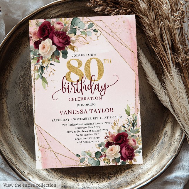 Convites 80 de Aniversário do Luxe Boho Burgundy (Luxe Boho Burgundy Gold Roses 80th Birthday Invitation)