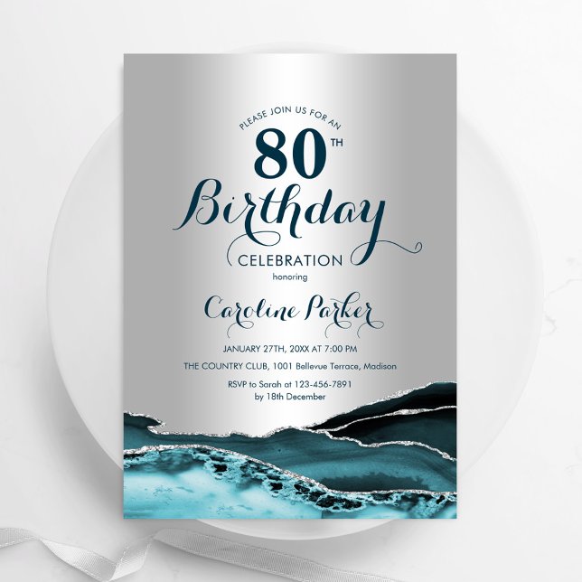 Convites 80 de Aniversário do Prata Teal (Criador carregado)