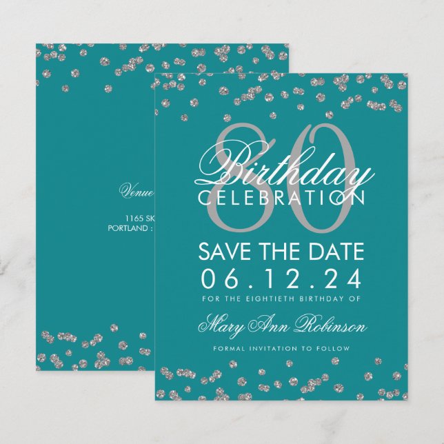 Convites 80 de Aniversário do Silver Teal Confetti (Frente/Verso)