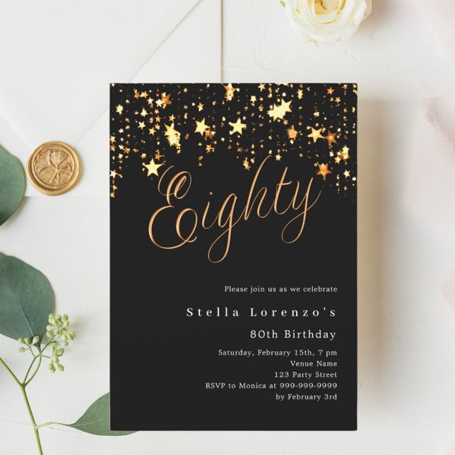 Convites 80 de aniversário elegante estrelas douradas preta (Criador carregado)
