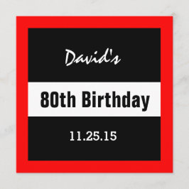 Convites 80 de Aniversário Preto com Quadro Vermelho Person