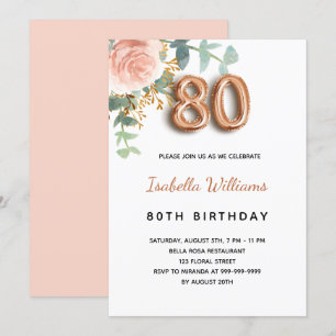 Convites 80 de aniversário rosa de ouro floral eucalipto ve