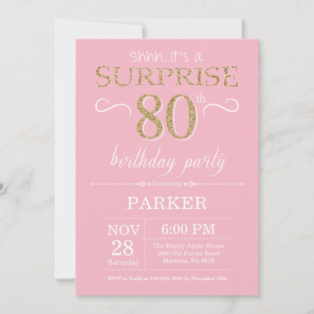 Convites 80 de Aniversário Surpresa Rosa e Brilhante Dourad (Frente)