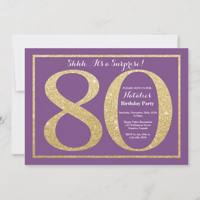 Convites 80 de Aniversário Surpresa Roxo e Luminosidade Dou (Frente)