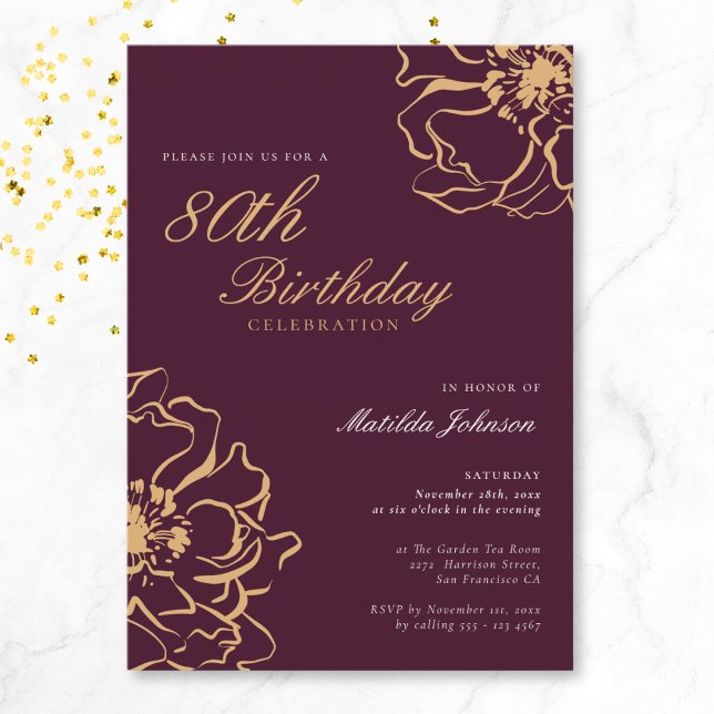 Convites 80 de Borgonha Dourada Floral - Aniversário (Floral Gold Burgundy 80th Birthday Invitation)