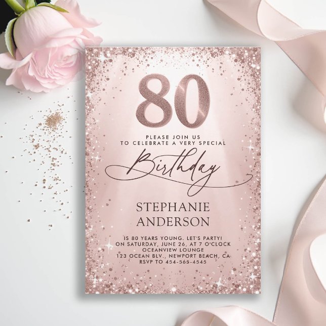 Convites 80 de Caligrafia Dourada com Glam Rosa (80th birthday invitation for women glitter sparkle rose gold glam elegant stylish luxury)