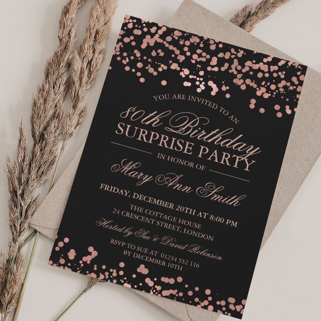 Convites 80 de Festa de aniversário de Surpresa Foil Ouro (Surprise 80th Birthday Party Rose Gold Foil Invitation)