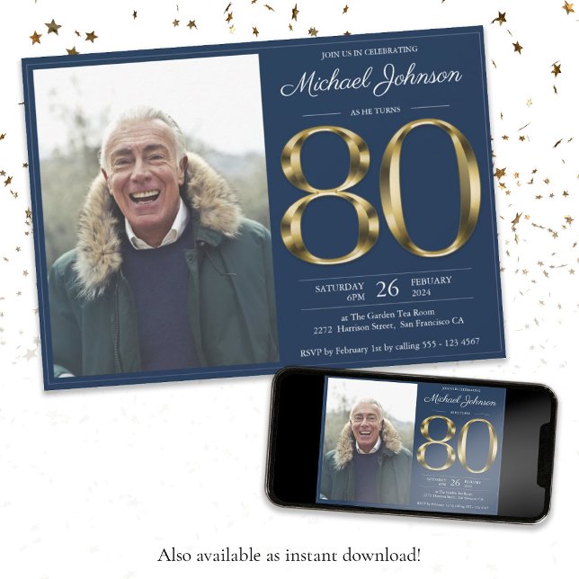 Convites 80 de Foto Azul Clássica do Marinho de Texto Doura (80th Gold Text Navy Blue Classy Photo Birthday Invitation)